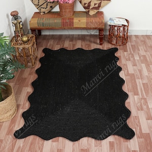 Scalloped Jute Rug - Bohemian Scalloped Jute Area Rug, Wave Edge Rug, 100% Black Natural Jute Rug, Rectangular Jute Rug, Custom Jute Rug