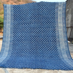 Blue Indigo Hand Block Hand Woven Cotton Flatweave Kilim Rug, Boho Blue Rug Sizes 5x8,6x9,8x10,9x12