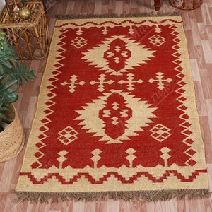 Handwoven Wool Jute Kilim Rug: Bohemian Flatweave Dhurrie