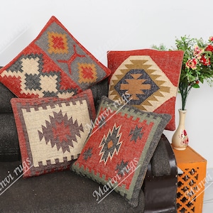 Handmade Jute Pillow Cover Set: Bohemian Kilim Throw Pillows (18x18)