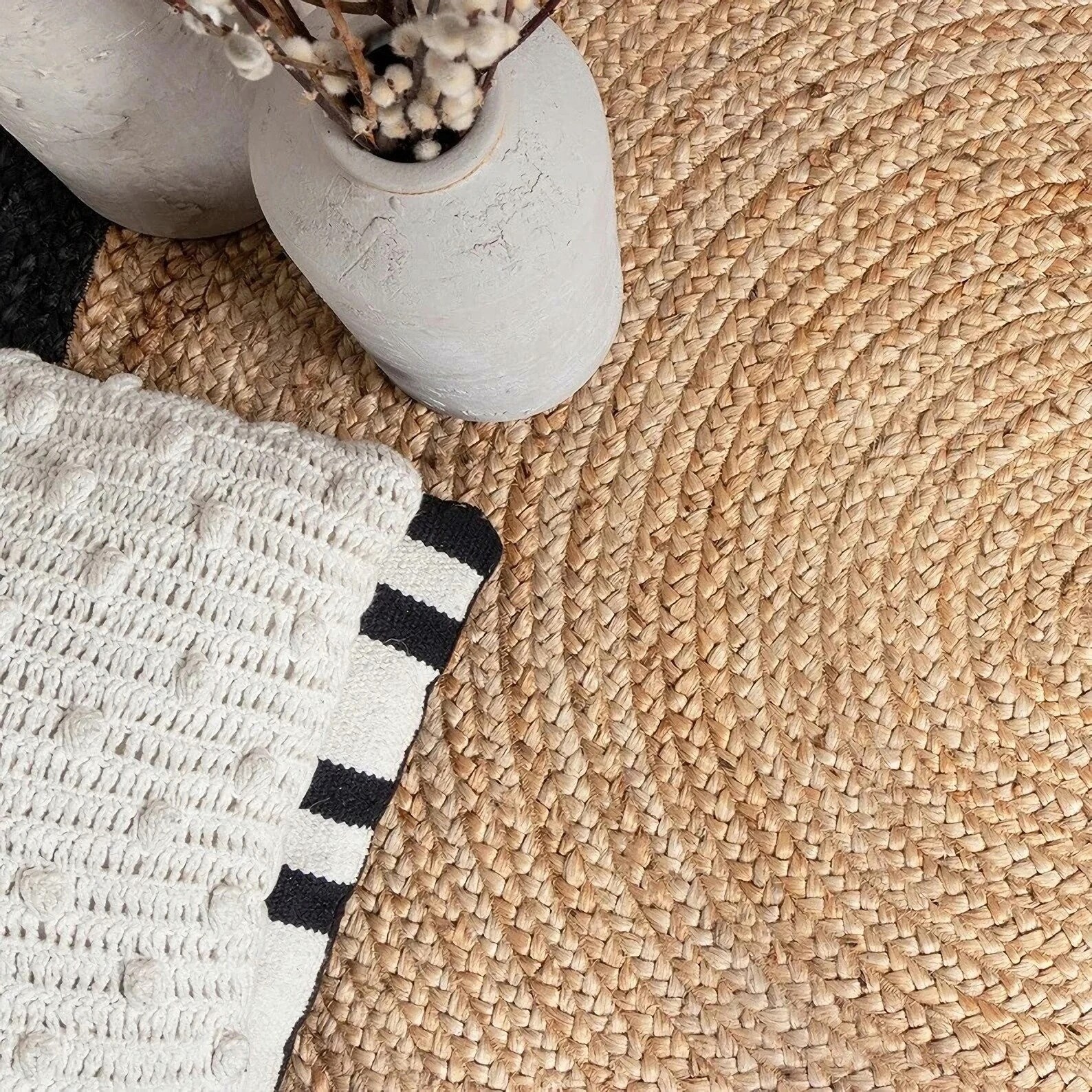 Round Rug Natural Jute Hand Braided Area Rug Beige With Black Etsy