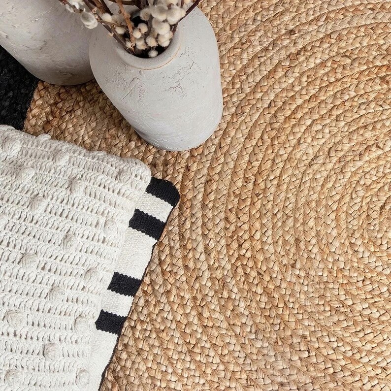 Round Rug Natural Jute Hand Braided Area Rug Beige With Black Etsy