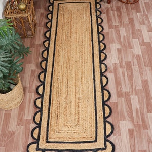 Natural With Black Jute Scalloped Rug, Boho Scallop Pattern Rug, Natural Jute Area Rug, Bohemian Fall Decor Rug, Custom Size Rug