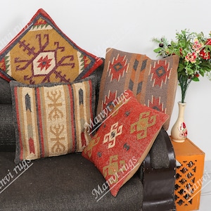 4 Set jute Vintage Kilim Pillow,Home Decor,Hand Woven Turkish Pillow,MoroccanPillow,Decorative Throw Kilim Cushion Cover,Wool Jute Pillow