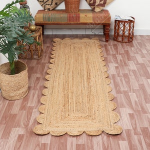 100% Natural Jute Scallop Boho Chic Handmade Braided Jute Rug, Customize in any Size