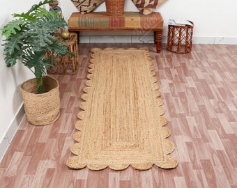 Natural Jute Scallop Boho Chic Handmade Braided Jute Rug, Customize in any Size