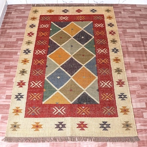 8x10, 9x12 Ft Kilim Rug Handwoven Wool Jute Rug Handmade Kilim Dhurrie Rug, Traditional Kilim Rug Large Rug