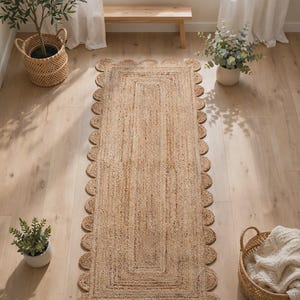 May include: A rectangular runner rug crafted from natural tan jute fibres, featuring a distinct scalloped edge border that runs along the entire perimeter of the piece. The woven texture is consistent throughout the centre and the rounded edges.