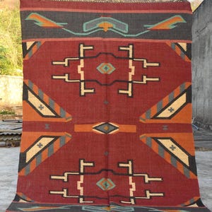 Handmade Navajo Kilim Rug, Aztec Rug, Accent Rug, Outdoor Rug/Indoor Rug, Living/Dining Room 4X6 Ft. Wool Jute Kilim Rug, Indian Dhurrie Rug