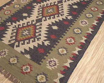 Alfombra Navajo Kilim hecha a mano, alfombra azteca, alfombra decorativa, alfombra exterior/alfombra interior, sala de estar/comedor 4X6 pies. Alfombra Kilim de yute de lana, DhurrieRug indio