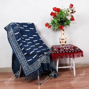 Indigo Cotton Throw Blanket with Tassels: Hand Block Print Boho Decor