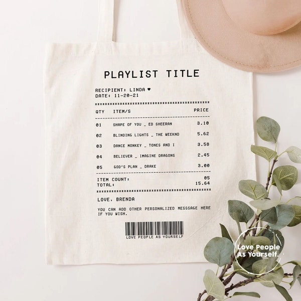 Personalized Playlist Receipt Tote Bag, Song Receipt Custom Playlist Vintage Tote Bag, Music Playlist Shopping Bag best friend birthday gift