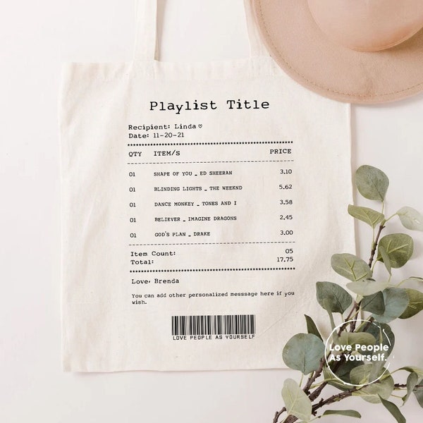 Personalized Playlist Receipt Tote Bag, Song Receipt Custom Playlist Vintage Tote Bag, Music Playlist Shopping Bag best friend birthday gift