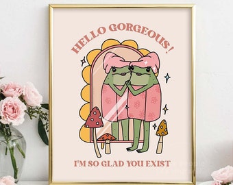 Flickigt groda självkärlekstavla, retro rosa väggkonst