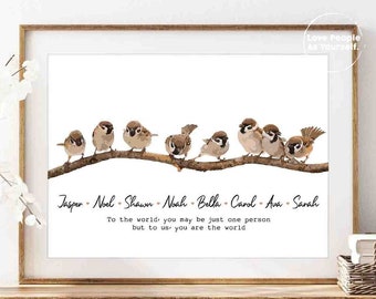 Personalized Bird Family Print, Custom Name Portrait, Housewarming Gift