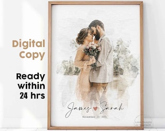 Personalized Watercolor Photo Portrait, Wedding Anniversary Gift (Digital Download)