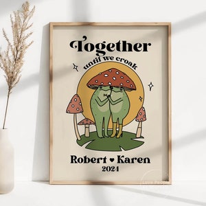 Gepersonaliseerde koppelprint, aangepaste bruiloft kikker illustratie, jubileum verloving valentijnscadeau samen totdat we kwaken grappig schattig retro