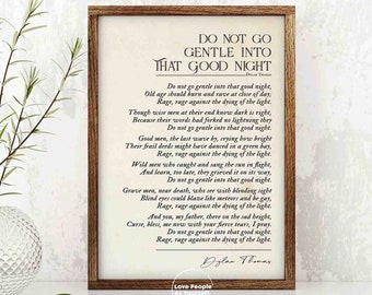 Dylan Thomas Poem Poster Print, Do Not Go Gentle Into That Good Night, Framed Inspiring Poem Gift Style, Antique Paper Poem, printable, Wall