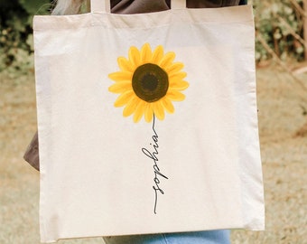 Sonnenblumen Tragetasche, Personalisierte Namenstasche, Beste Freundin Geschenk, Blumen BaumwollTasche, Geschenke für Sie Sonnenblumen Liebhaber Geschenke, Pflanze, Mama