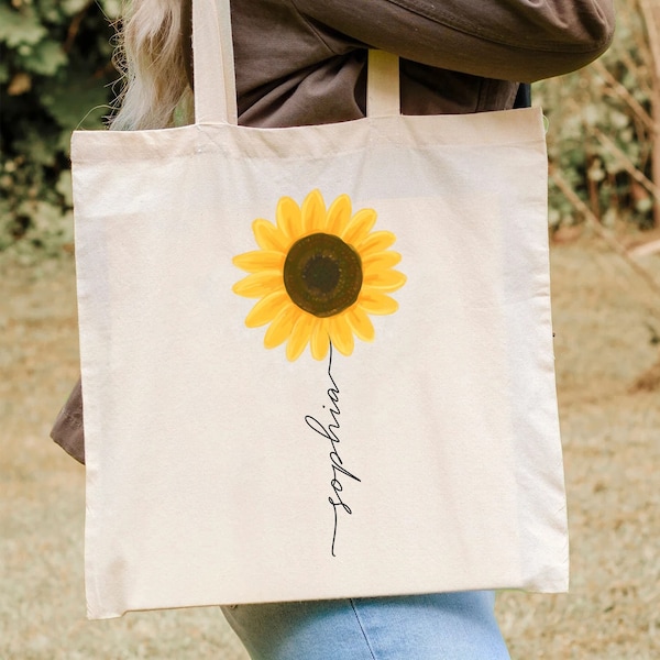 Custom Sunflower Tote Bag, Personalized Name Tote, Best friend gift, Flower Cotton Tote Bag, Gifts for Her Sunflower Lover gifts, Plant, Mom