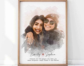 Personalized Best Friend Portrait Painting Digital Art Print, Friendship, Custom Gift for Friend Portrait Gift Watercolor Print Custom Photo