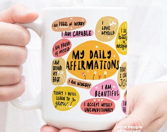 Taza de café con afirmaciones diarias, amor propio, regalo para la salud mental