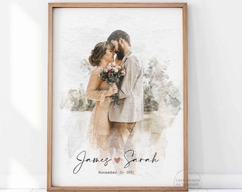 Personalized Wedding Gift for Couple, Personalized Portrait Gift Watercolor Print Custom Photo Anniversary Gift Newly Wed Gifts Digital Copy