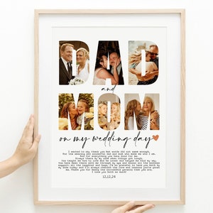 Puede incluir: Un collage de fotos enmarcado con las palabras "Papá y Mamá en mi día de boda" en letra negra. Las palabras están formadas por fotos de los padres de la novia y el novio. El texto debajo del collage dice: "Quería darte las gracias, pero las palabras no parecían suficientes. Por el padre y la madre increíbles y maravillosos que me hicieron quien soy. Siempre ahí para mí cuando las cosas se pusieron difíciles. Me enseñaste a amar y a ser amado y me ayudaste a encontrar mi camino. Has estado ahí para mí en mis altibajos, todo el apoyo infinito, todas las risas y los abrazos. Estoy tan agradecido de tenerlos a ambos a mi lado hoy y siempre apreciaré el amor y las lecciones que me han dado. Gracias por ser los padres increíbles que son. Los amo a ambos mucho! 12.12.24"
