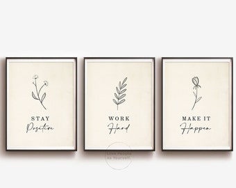 Office decor wall art, Stay positive work hard make it happen, Printable wall art set of 3, Inspirational Quote, Motivational Botanical Leaf