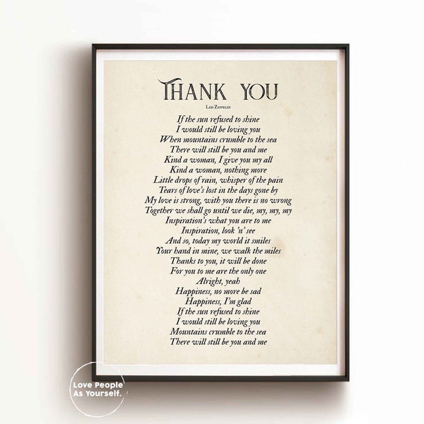 Thank You by Led Zeppelin Lyrics Print, Thank You song, Thanksgiving print Thank You Poster Thank You Lyrics Print Inspiring Gift Home decor