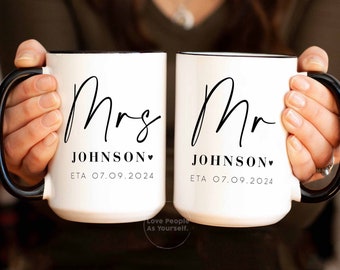Personalized Mr Mrs Coffee Mugs, Custom Wedding Gift for Couple