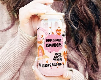 Aangepaste naam Dagelijkse herinneringen Christian Glass tumbler Mentale gezondheid Dagelijkse bevestigingen Glazen beker 16oz Mok Beste vriend Cadeaus voor haar en Bestie