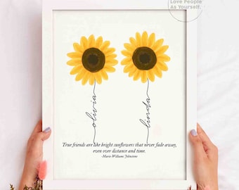 Personalized Sunflower Friendship Print, Custom Best Friend Gift, Friendship Gift, Bestie Sister Gifts, Family Custom Name BFF Birthday Gift