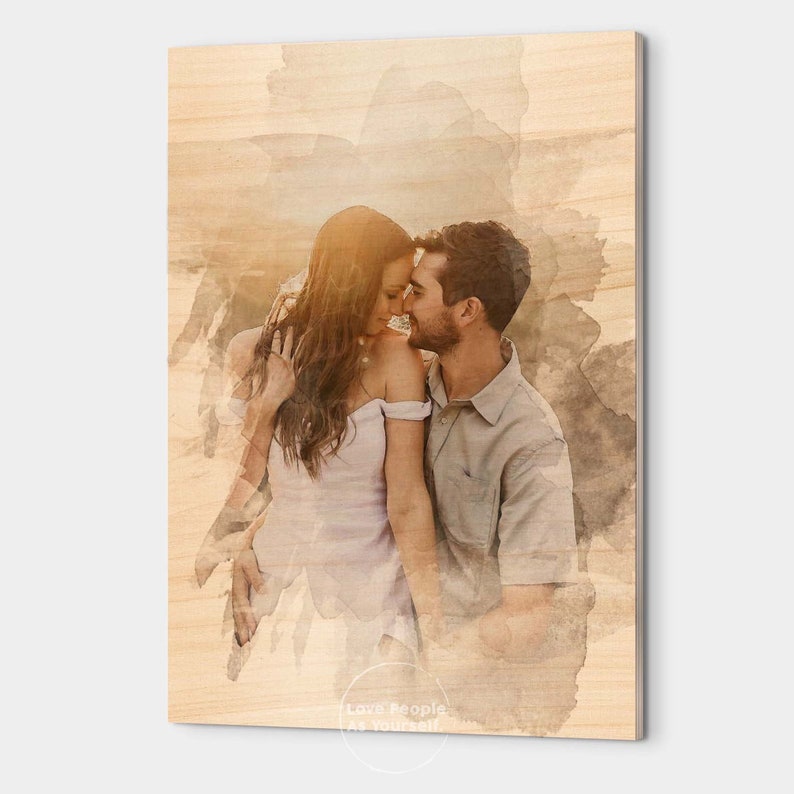 Custom Photo on Wood, Wedding Portrait Gift Engraved Photo Watercolor Style, Custom photo Art, Personalized from Photo, Couple wedding gifts zdjęcie 7