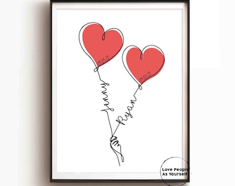 Può includere: Una stampa d'arte stampabile con due palloncini rossi a forma di cuore collegati da un'unica linea. La linea forma i nomi "Jenny" e "Ryan" e le date "09.03.21". Il testo "Love People As Yourself" è in fondo alla stampa.