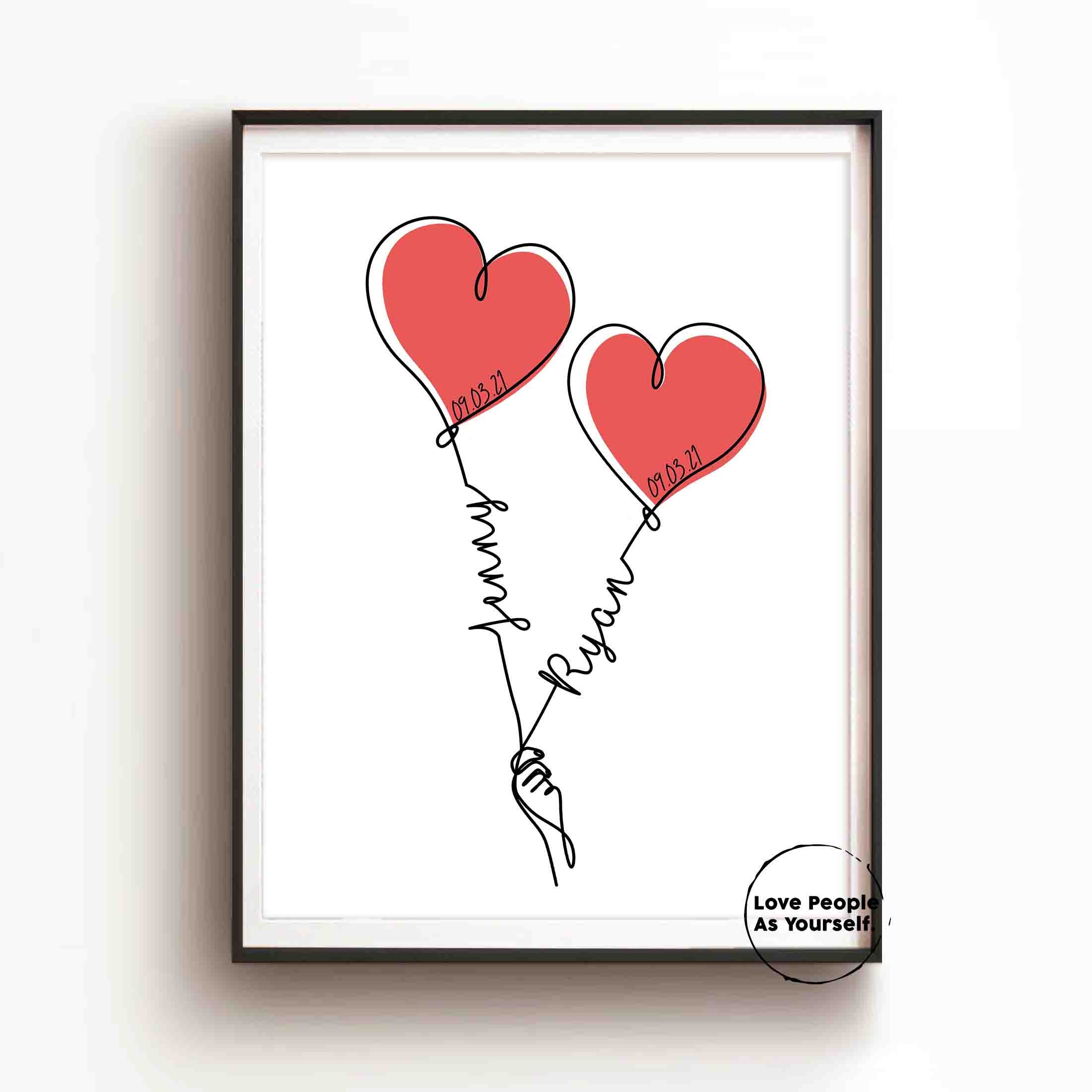 Personalized Heart Balloons Print, Engagement Gift, Custom Couple Art