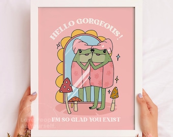 Flickigt groda självkärlekstryck, rosa badrumsdekor, positiva affirmationer