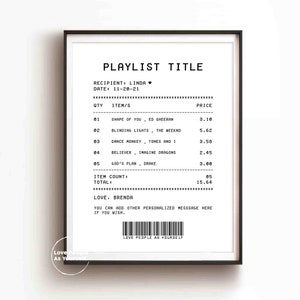 Op de afbeelding: Een zwart-witte afdrukbare afspeellijst met de titel "PLAYLIST TITLE" en de ontvanger "LINDA". De datum is 11-20-21. De afspeellijst bevat vijf nummers met hun artiesten en prijzen. De totale prijs is € 15,64. De tekst "LOVE, BRENDA" staat onderaan de afspeellijst.