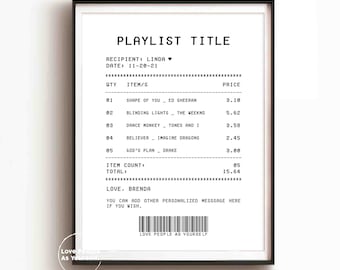 Personalized Song Receipt Poster print, Custom playlist gifts, friendship wall decor, best friend birthday printable christmas gifts for her