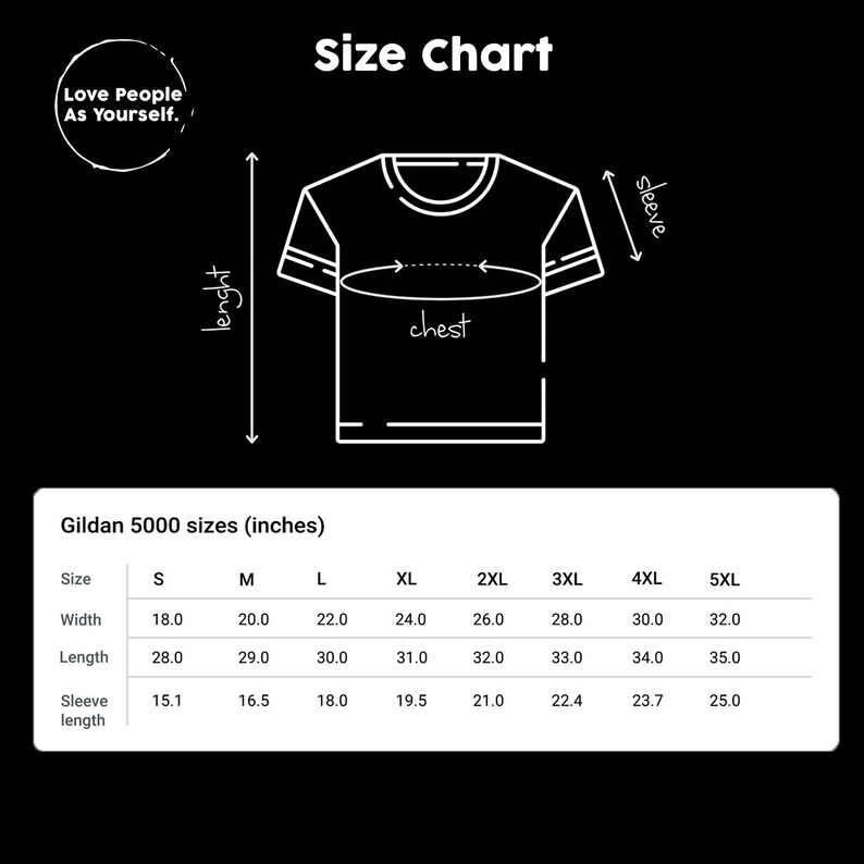 以下が含まれることがあります： Gildan 5000 Tシャツのサイズチャート。Sから5XLまでのサイズで、幅、着丈、袖丈の寸法がインチで表示されています。