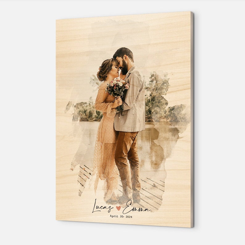 Custom Photo on Wood, Wedding Portrait Gift Engraved Photo Watercolor Style, Custom photo Art, Personalized from Photo, Couple wedding gifts zdjęcie 1