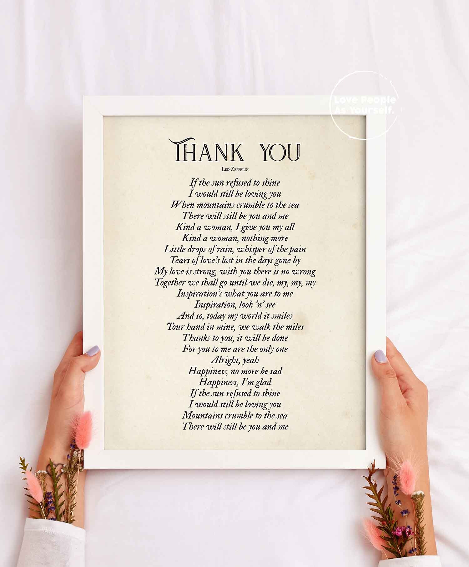 Thank You by Led Zeppelin Lyrics Print, Thank You Song, Thanksgiving ...