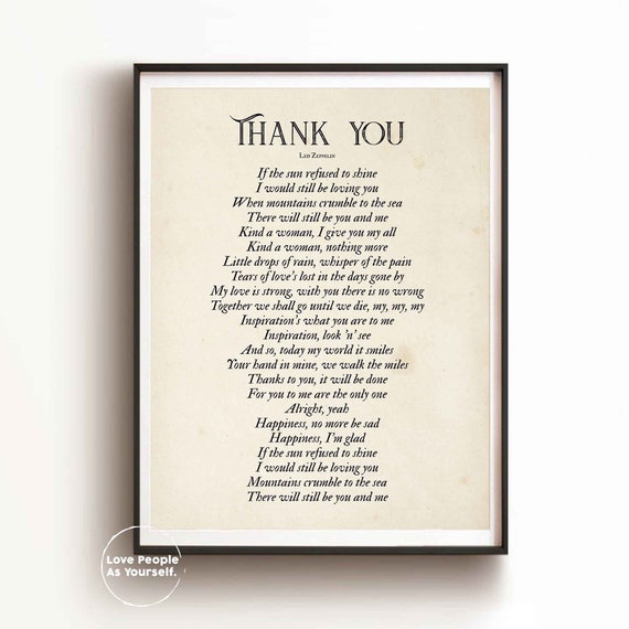 Thank You by Led Zeppelin Lyrics Print, Thank You Song