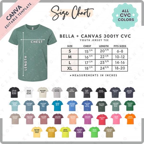 Bella Canvas 3001Y CVC Size + Color Chart | EDITABLE Canva Template | 3001Y Youth Jersey Tee | 3001Y Size Chart | CANVA Editable Size Chart