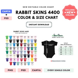 Kaninchenfelle 4400 Farbe + Größentabelle | EDITIERBARE Canva Vorlage | 4400 Säugling Baby gerippte Body | 4400 Größentabelle | CANVA + PSD Bearbeitbar