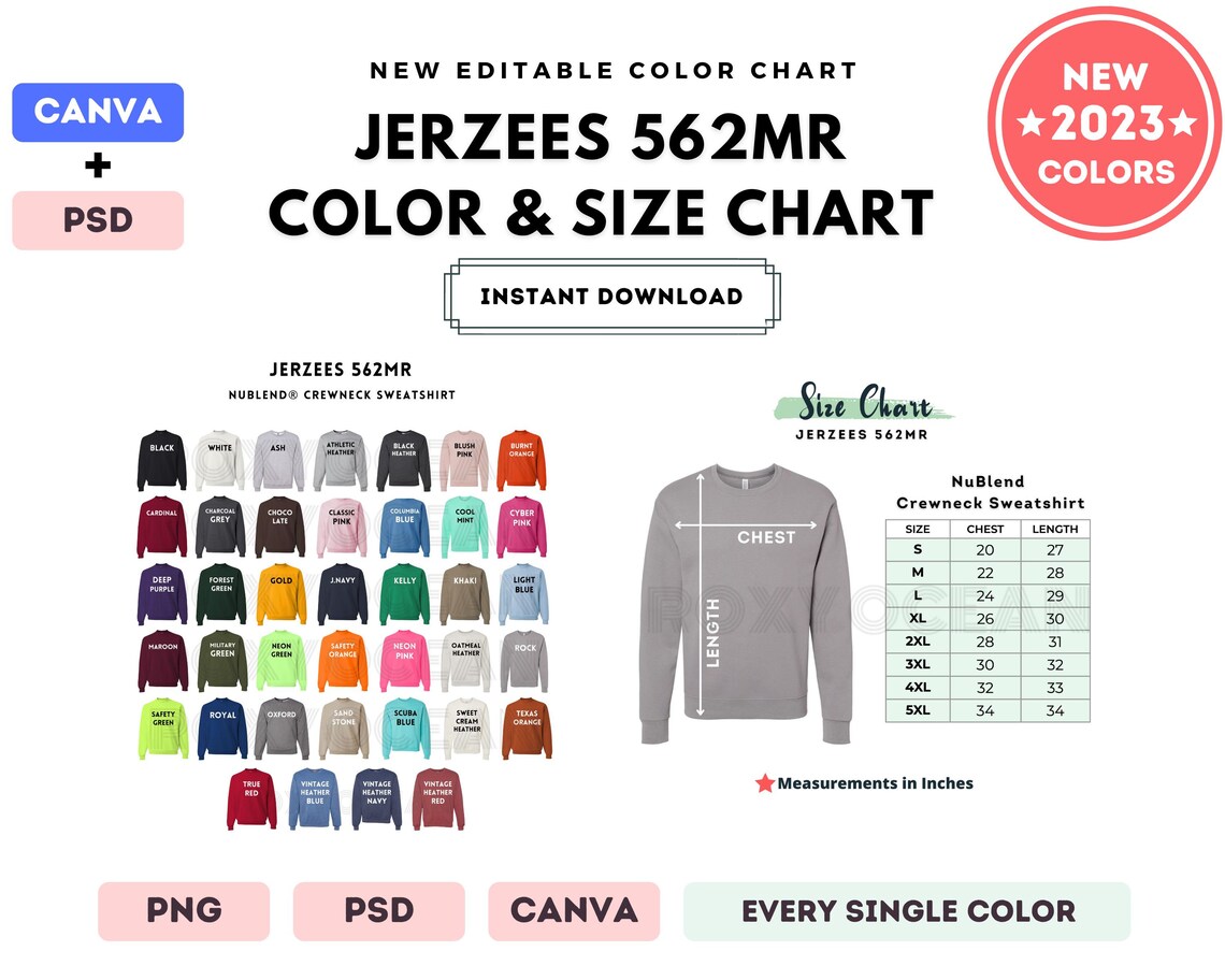 Jerzees 562MR Color Size Chart EDITABLE Canva Template Etsy