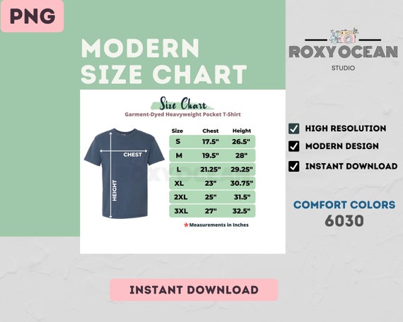 comfort colors pocket tee size chart