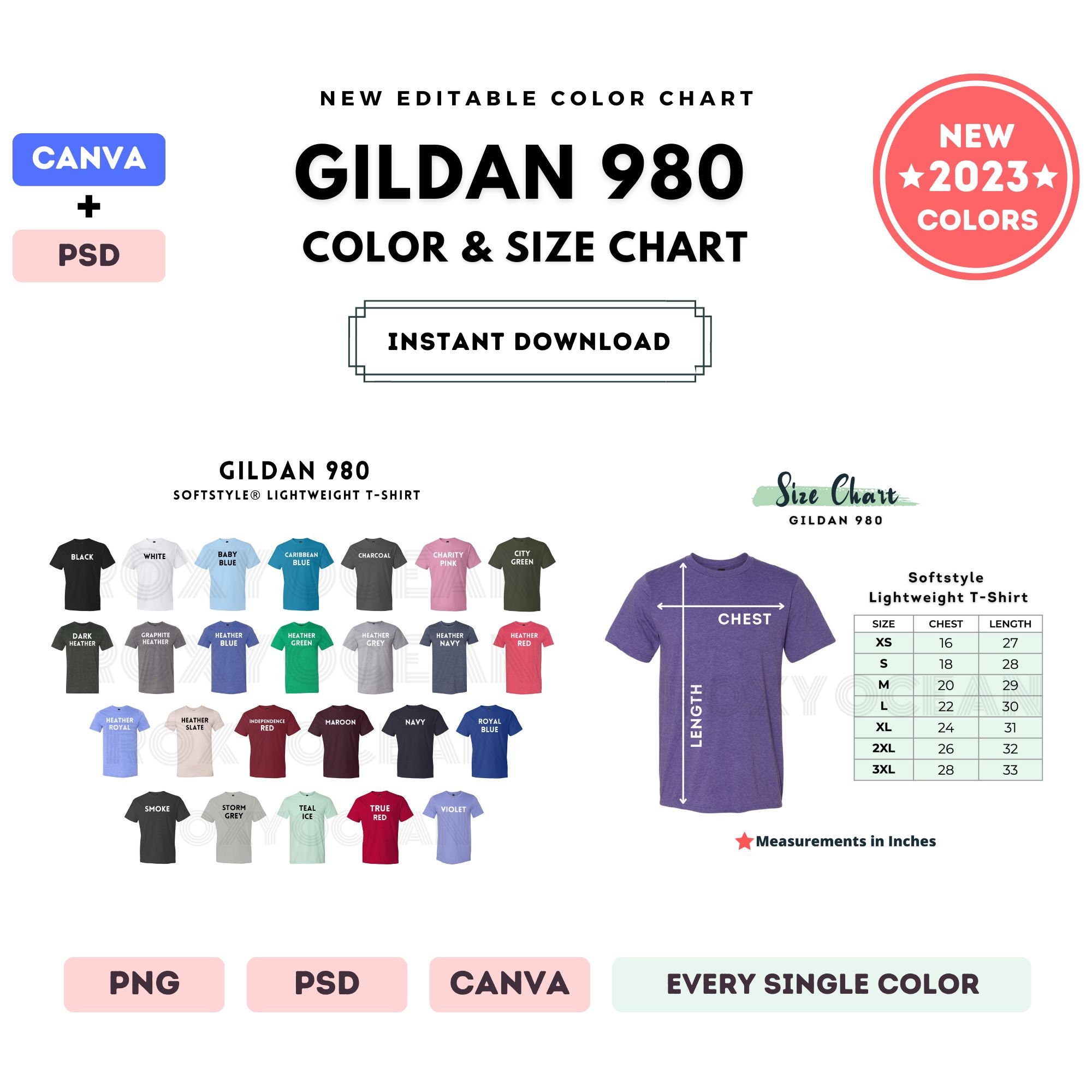980 Color Size Chart EDITABLE Canva Template 980 Softstyle Lightweight ...