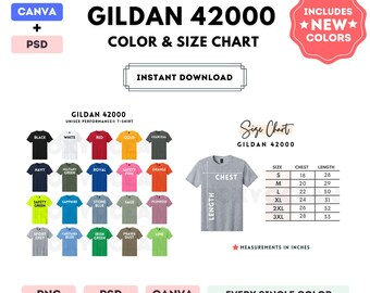 G420 kleur- en maattabel | BEWERKBARE canvassjabloon | Gildan 42000-uniseks T-shirt | G420-maattabel | CANVA + PSD bewerkbare kleurenkaart