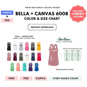 Bella Canvas 6008 Color + Tabla de tallas / Plantilla Canva EDITABLE / Camiseta sin mangas de jersey 6008 / Tabla de tallas 6008 / CANVA + PSD editable
